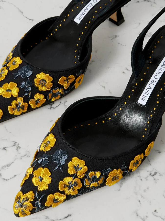 Manolo Blahnik - Carolyne 50 Embroidered Silk Crepe De Chine Slingback Pumps - Black - Image 4