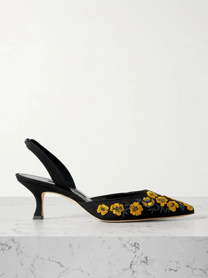 Manolo Blahnik - Carolyne 50 Embroidered Silk Crepe De Chine Slingback Pumps - Black