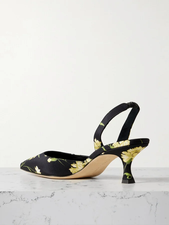 Manolo Blahnik - Carolyne 50 Floral-print Satin Slingback Pumps - Black - Image 3