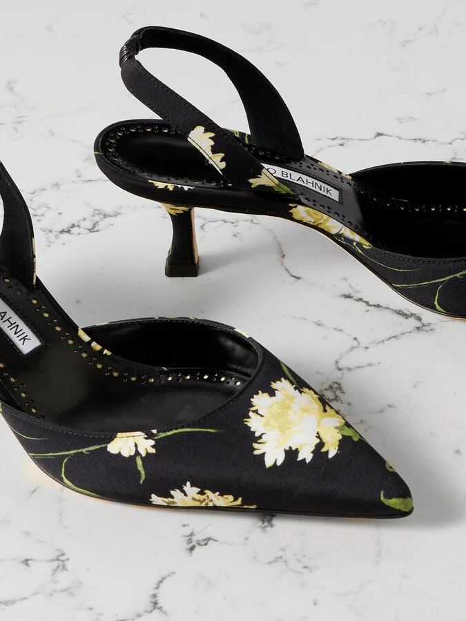 Manolo Blahnik - Carolyne 50 Floral-print Satin Slingback Pumps - Black - Image 4