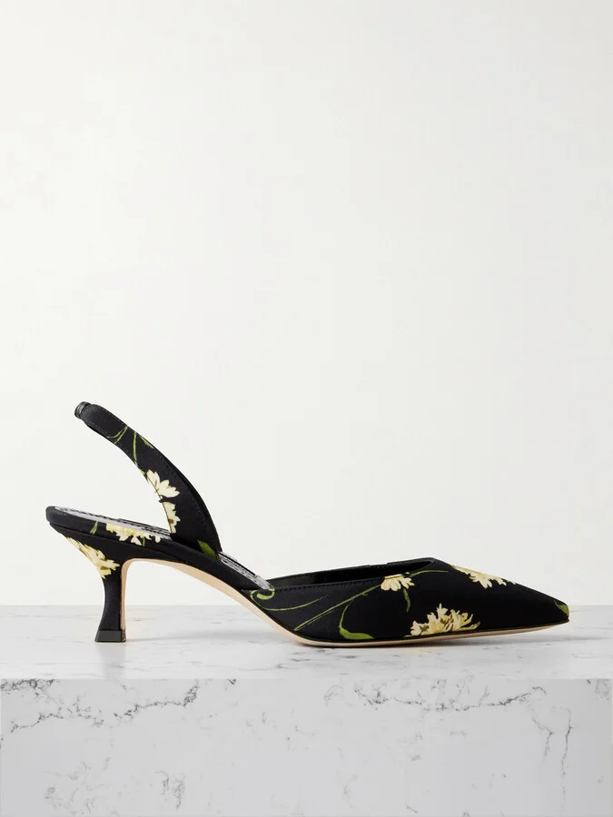 Manolo Blahnik - Carolyne 50 Floral-print Satin Slingback Pumps - Black