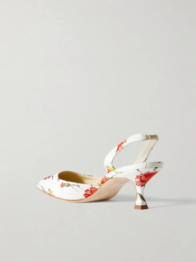 Manolo Blahnik - Carolyne 50 Floral-print Satin Slingback Pumps - White - Image 3