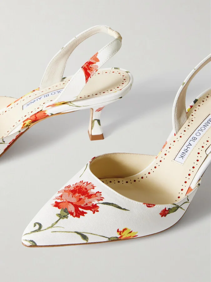 Manolo Blahnik - Carolyne 50 Floral-print Satin Slingback Pumps - White - Image 4