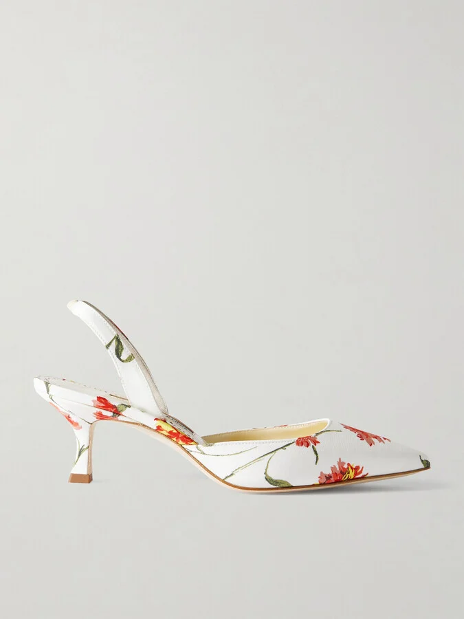 Manolo Blahnik - Carolyne 50 Floral-print Satin Slingback Pumps - White