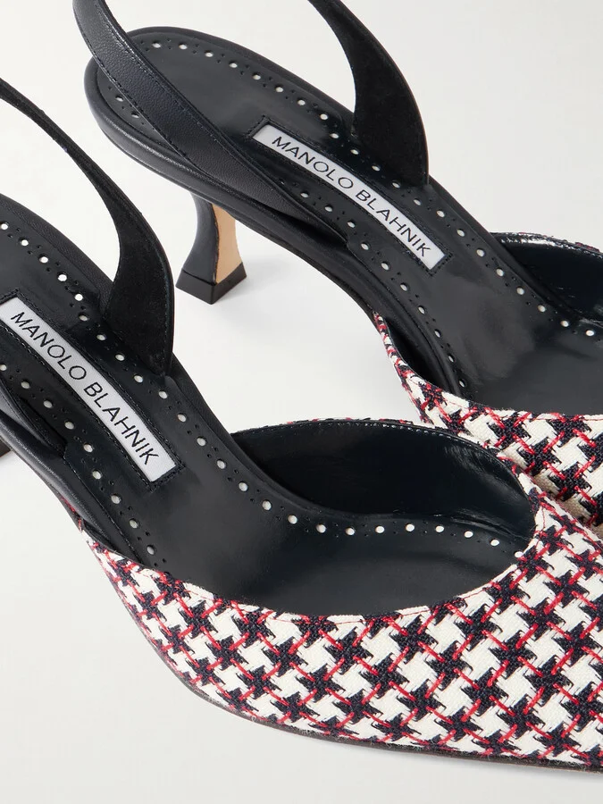Manolo Blahnik - Carolyne 50 Houndstooth Wool-tweed Slingback Pumps - White - Image 4