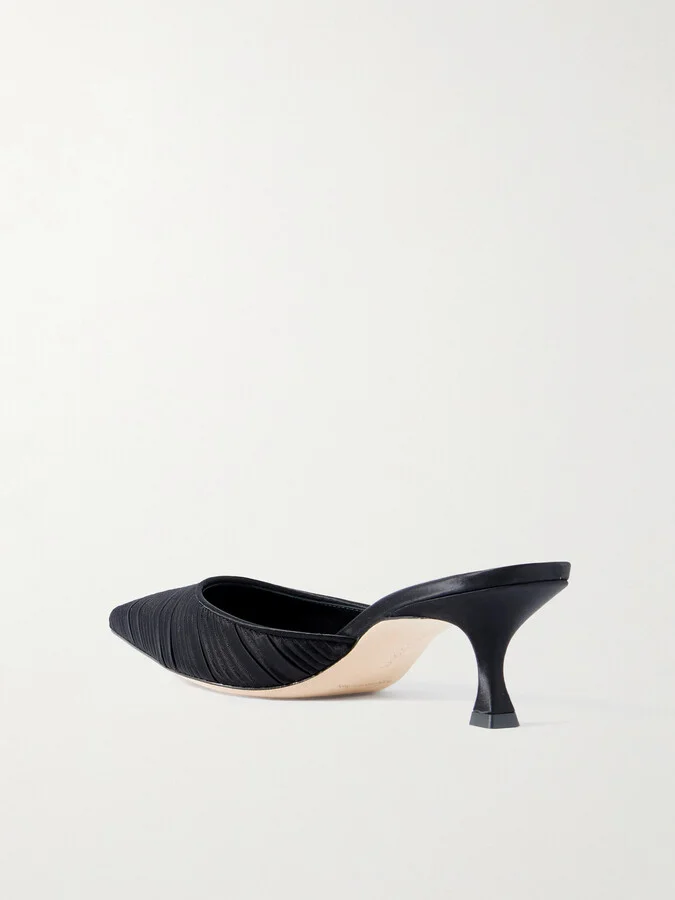 Manolo Blahnik - Carolyne 50 Leather-trimmed Pleated Satin Mules - Black - Image 3