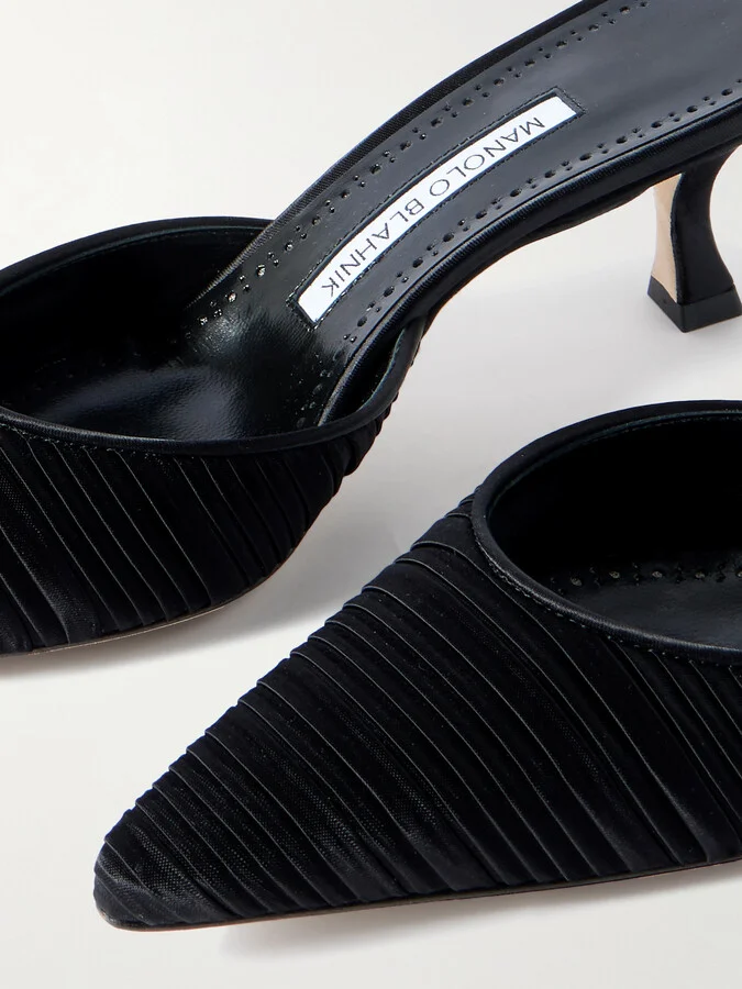 Manolo Blahnik - Carolyne 50 Leather-trimmed Pleated Satin Mules - Black - Image 4