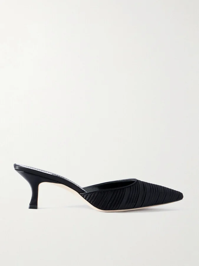 Manolo Blahnik - Carolyne 50 Leather-trimmed Pleated Satin Mules - Black