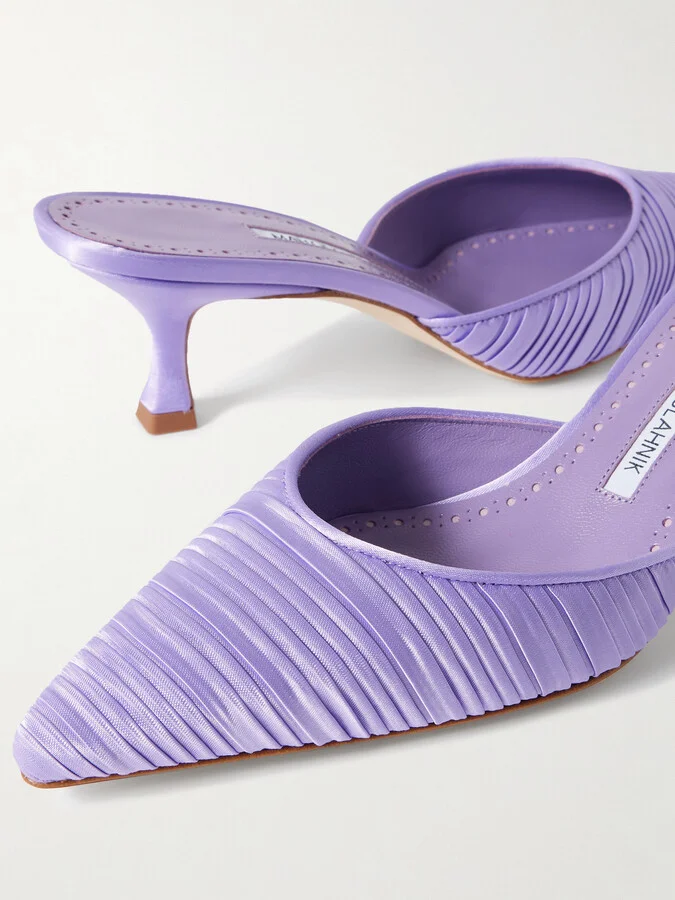 Manolo Blahnik - Carolyne 50 Pleated Leather-trimmed Satin Mules - Purple - Image 4