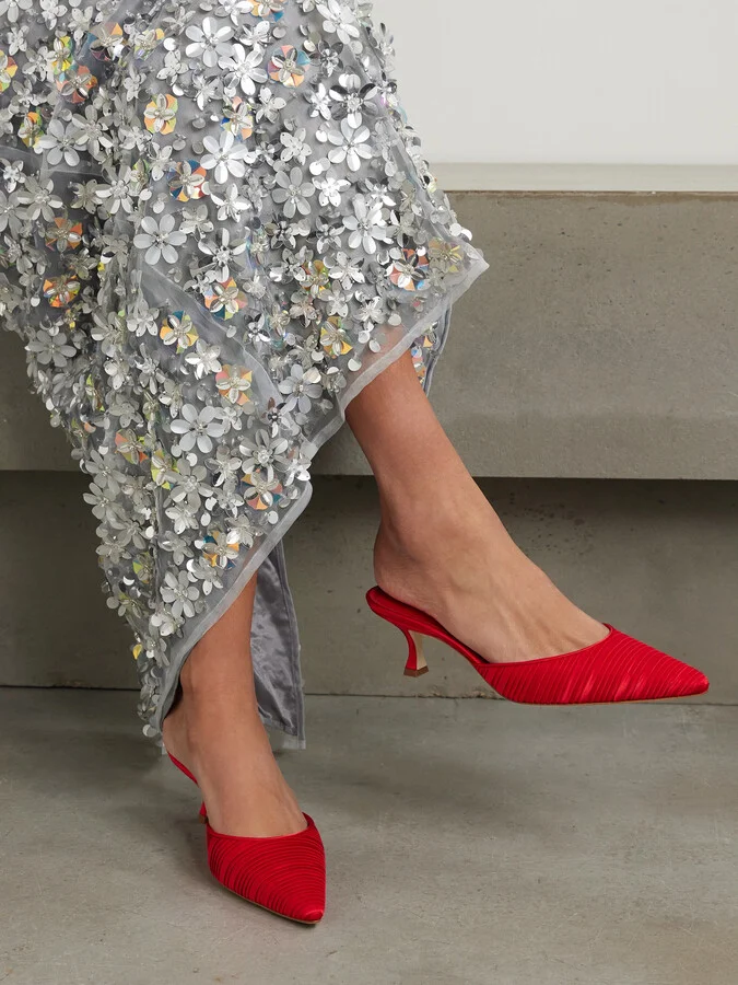 Manolo Blahnik - Carolyne 50 Pleated Leather-trimmed Satin Mules - Red - Image 2