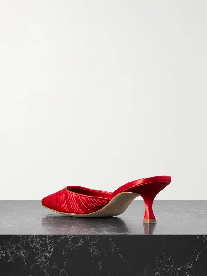 Manolo Blahnik - Carolyne 50 Pleated Leather-trimmed Satin Mules - Red - Image 3