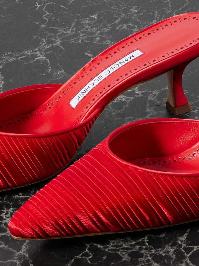 Manolo Blahnik - Carolyne 50 Pleated Leather-trimmed Satin Mules - Red - Image 4
