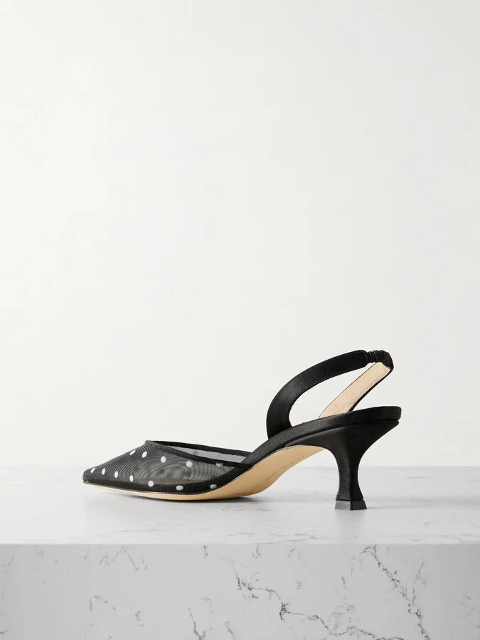Manolo Blahnik - Carolyne 50 Polka-dot Flocked Mesh And Satin Slingback Pumps - Black - Image 3