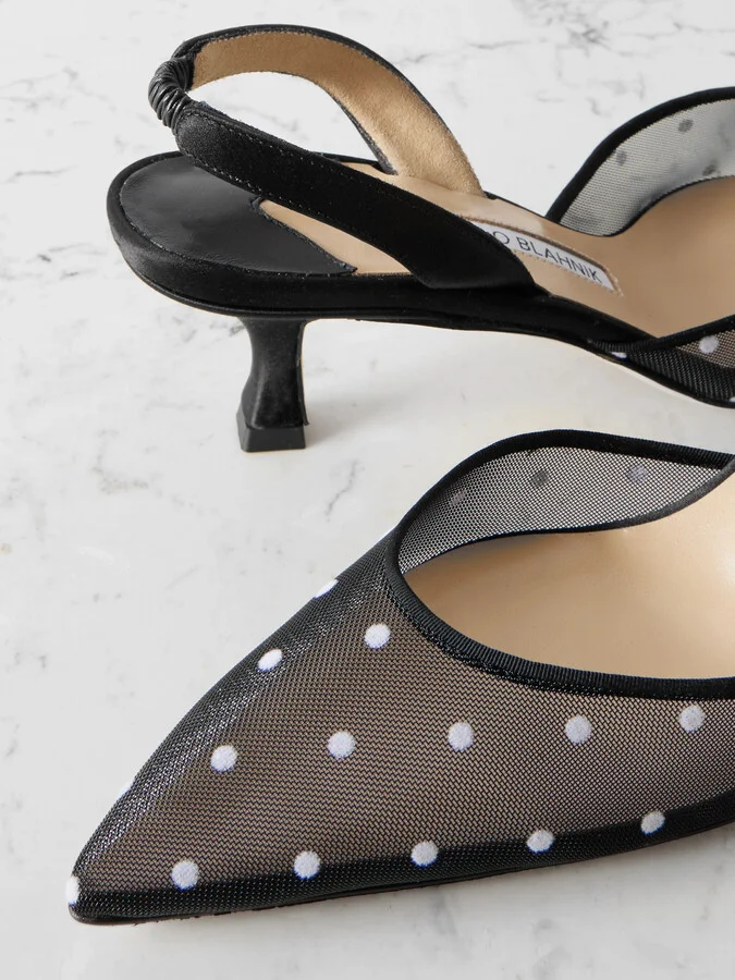 Manolo Blahnik - Carolyne 50 Polka-dot Flocked Mesh And Satin Slingback Pumps - Black - Image 4
