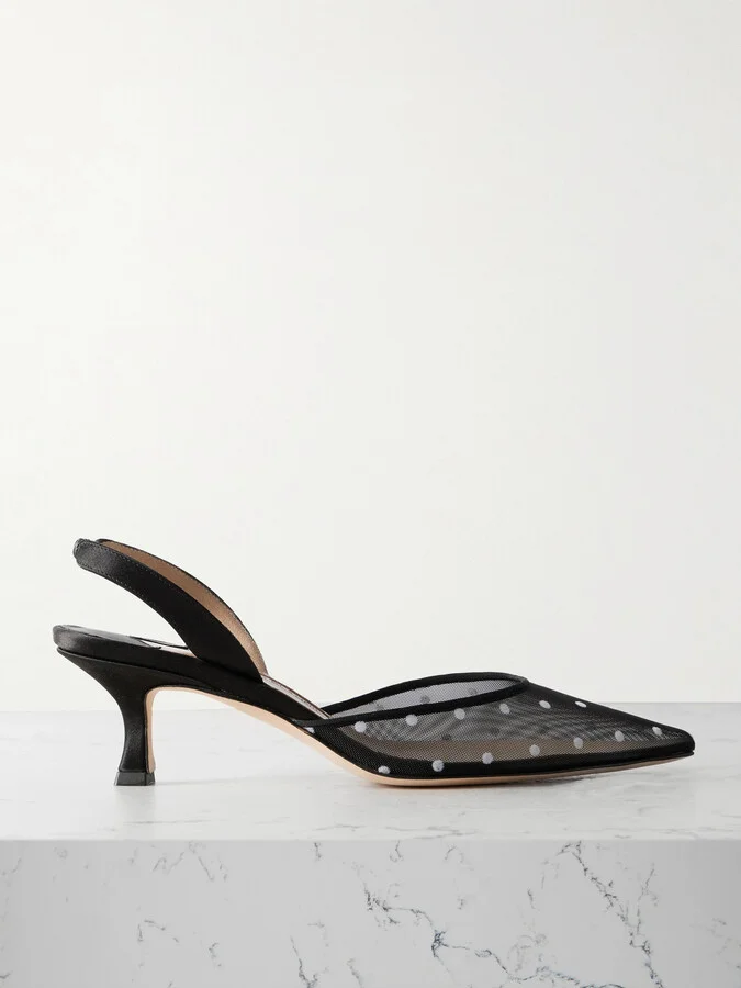 Manolo Blahnik - Carolyne 50 Polka-dot Flocked Mesh And Satin Slingback Pumps - Black