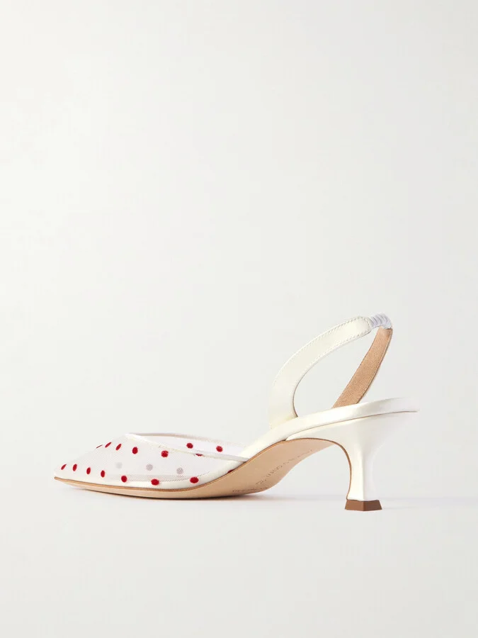 Manolo Blahnik - Carolyne 50 Polka-dot Flocked Mesh And Satin Slingback Pumps - White - Image 3