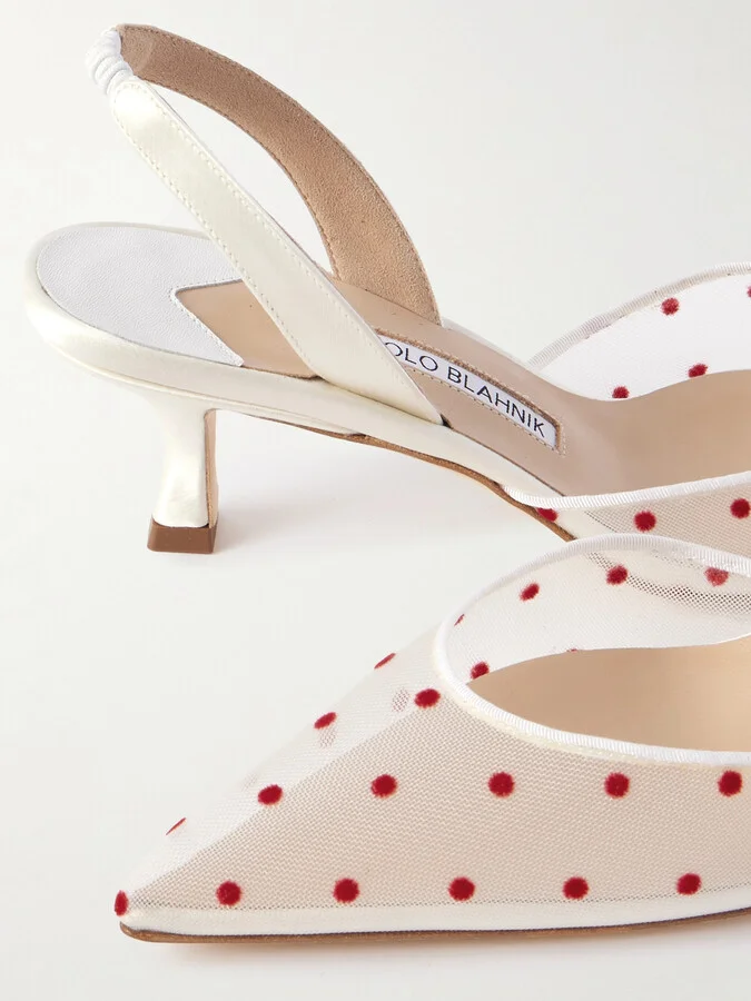 Manolo Blahnik - Carolyne 50 Polka-dot Flocked Mesh And Satin Slingback Pumps - White - Image 4