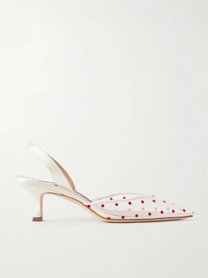 Manolo Blahnik - Carolyne 50 Polka-dot Flocked Mesh And Satin Slingback Pumps - White