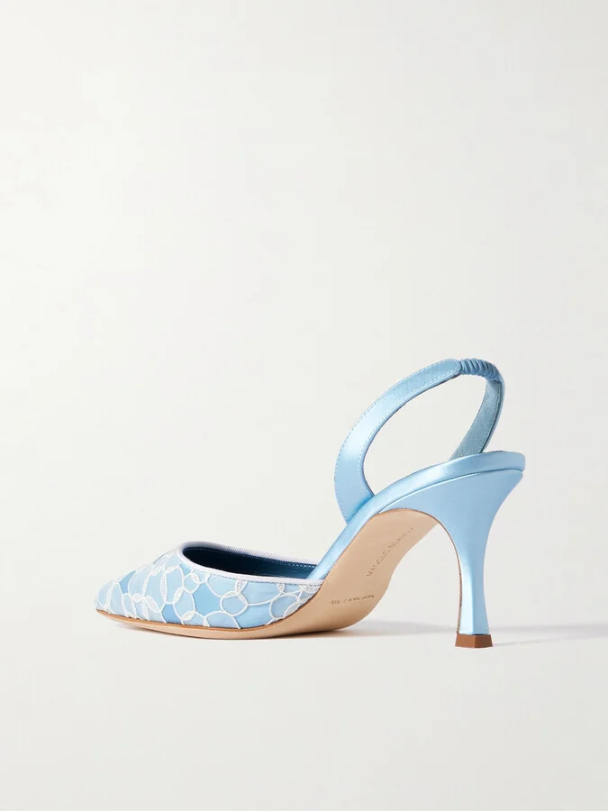 Manolo Blahnik - Carolyne 70 Satin And Lace Slingback Pumps - Blue - Image 3