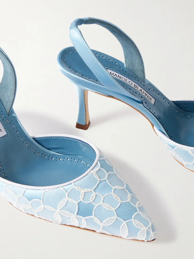 Manolo Blahnik - Carolyne 70 Satin And Lace Slingback Pumps - Blue - Image 4