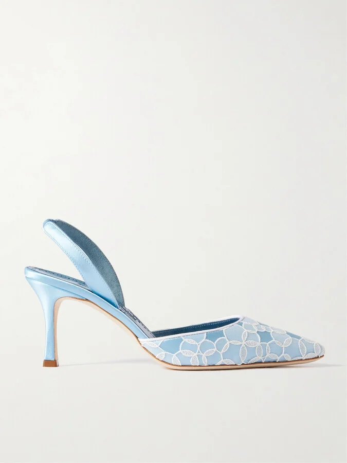 Manolo Blahnik - Carolyne 70 Satin And Lace Slingback Pumps - Blue
