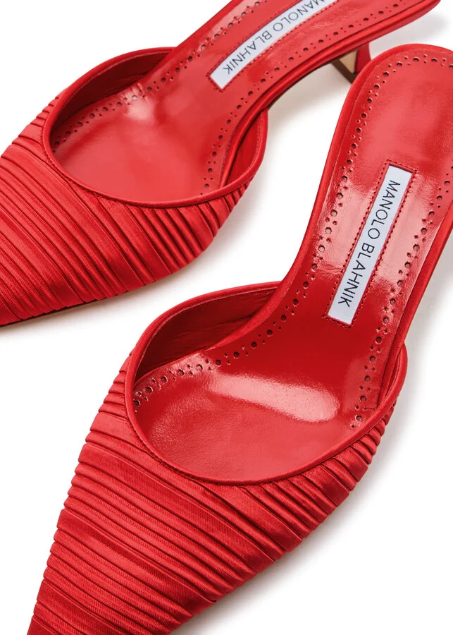 Manolo Blahnik Carolynemu 50 Pleated Satin Mules - Image 4