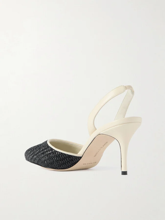 Manolo Blahnik - Casam 70 Leather And Raffia Slingback Pumps - Black - Image 3