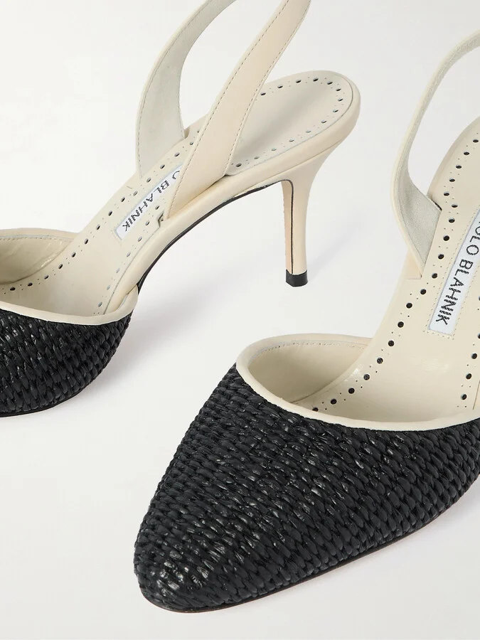 Manolo Blahnik - Casam 70 Leather And Raffia Slingback Pumps - Black - Image 4