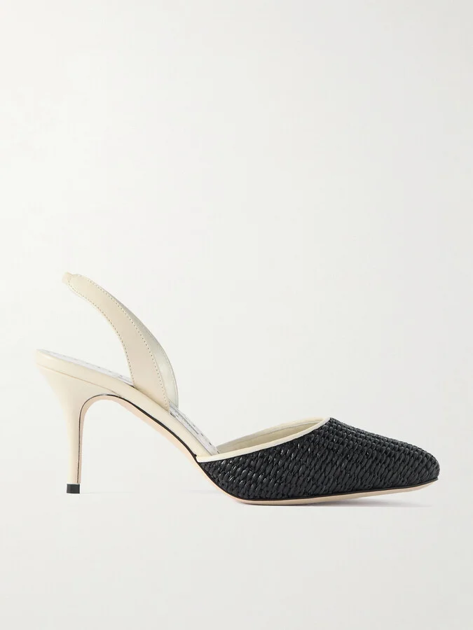 Manolo Blahnik - Casam 70 Leather And Raffia Slingback Pumps - Black