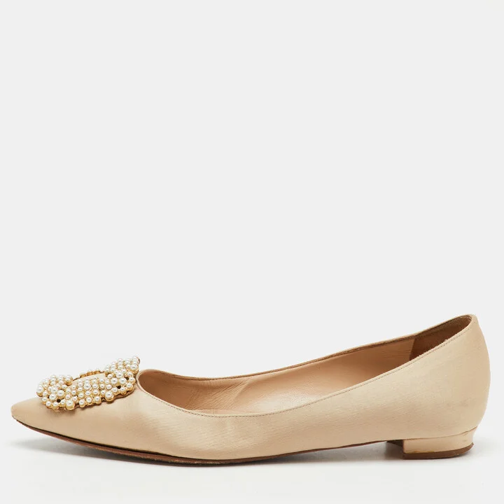 Manolo Blahnik Champange Satin Hangisi Ballet Flats Size 37