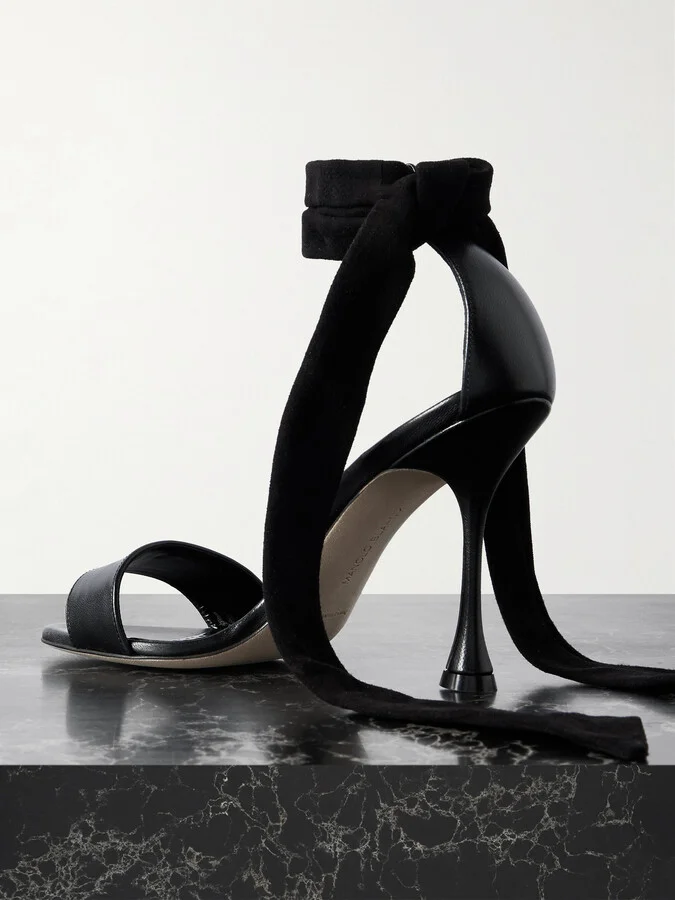 Manolo Blahnik - Chastana 105 Suede-trimmed Leather Sandals - Black - Image 3