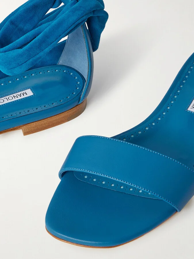 Manolo Blahnik - Chastanaflat Lace-up Suede And Leather Sandals - Blue - Image 4
