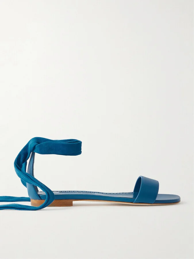 Manolo Blahnik - Chastanaflat Lace-up Suede And Leather Sandals - Blue
