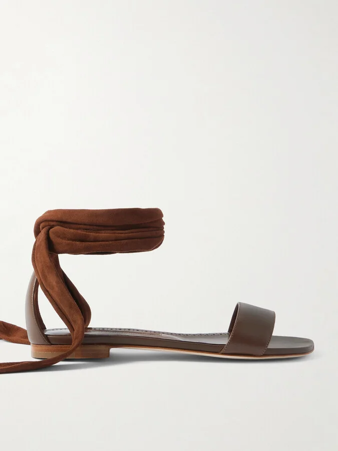 Manolo Blahnik - Chastanaflat Lace-up Suede And Leather Sandals - Brown