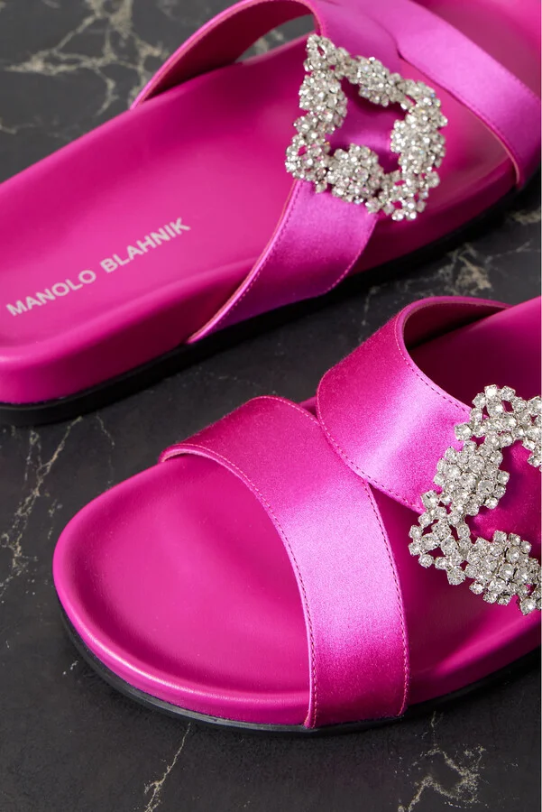 Manolo Blahnik - Chilanghi Buckled Embellished Satin Slides - Purple - Image 4