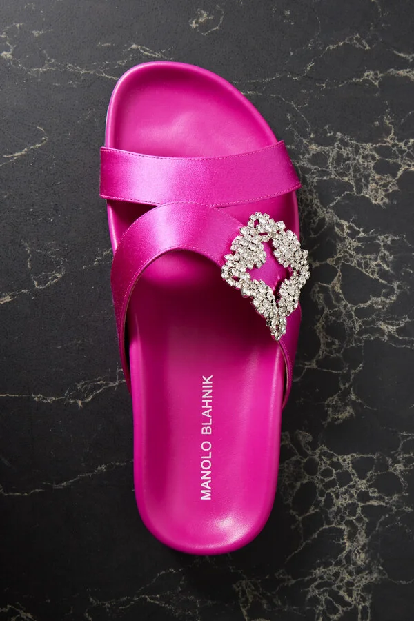 Manolo Blahnik - Chilanghi Buckled Embellished Satin Slides - Purple - Image 5