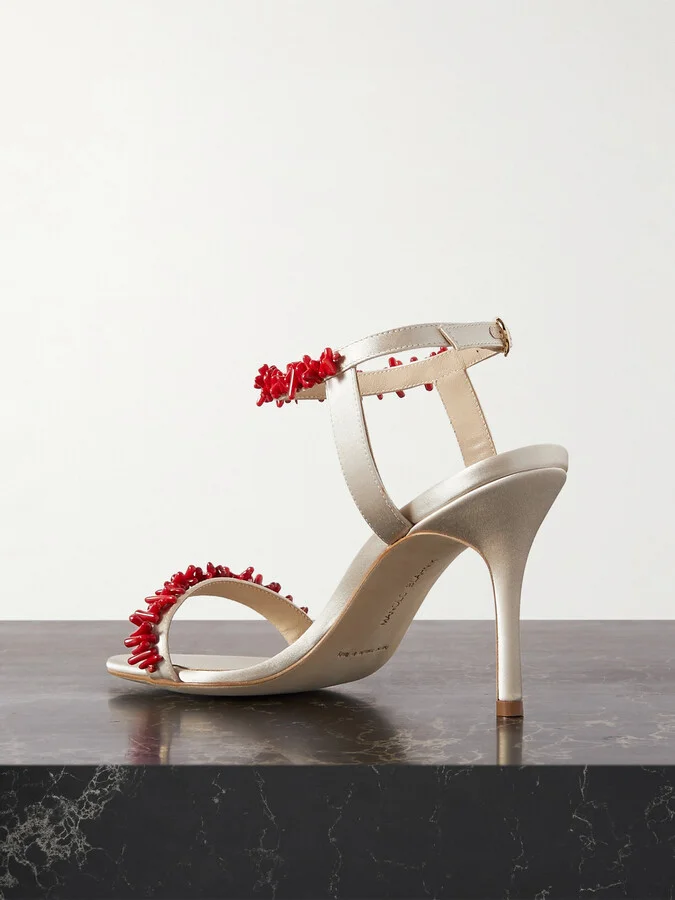 Manolo Blahnik - Cienzan 90 Bead-embellished Satin Sandals - Cream - Image 3