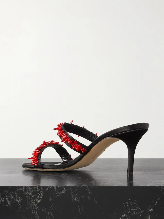 Manolo Blahnik - Clorettenu 70 Bead-embellished Satin Sandals - Black - Image 3