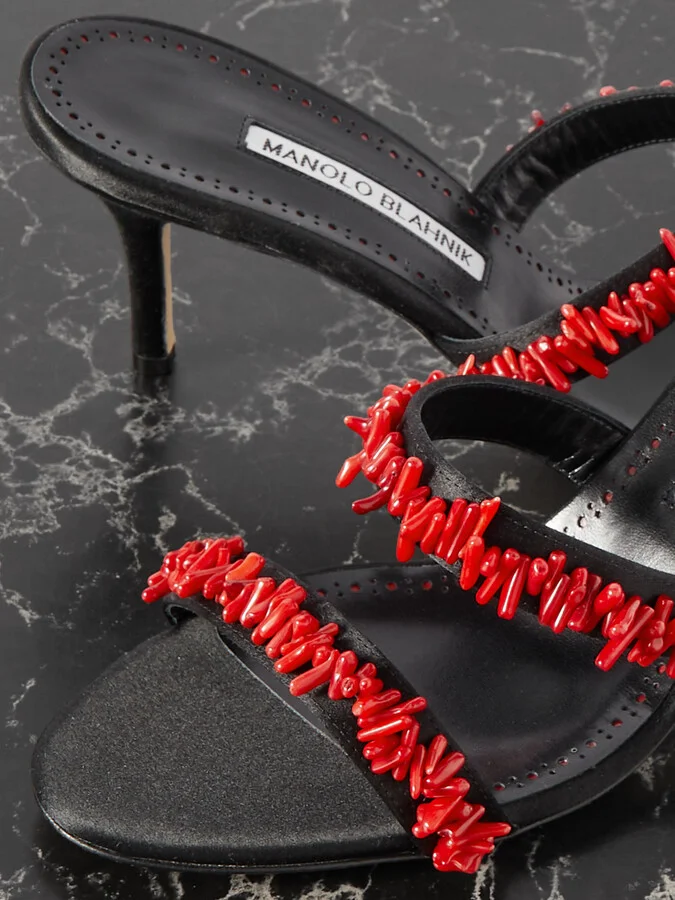 Manolo Blahnik - Clorettenu 70 Bead-embellished Satin Sandals - Black - Image 4
