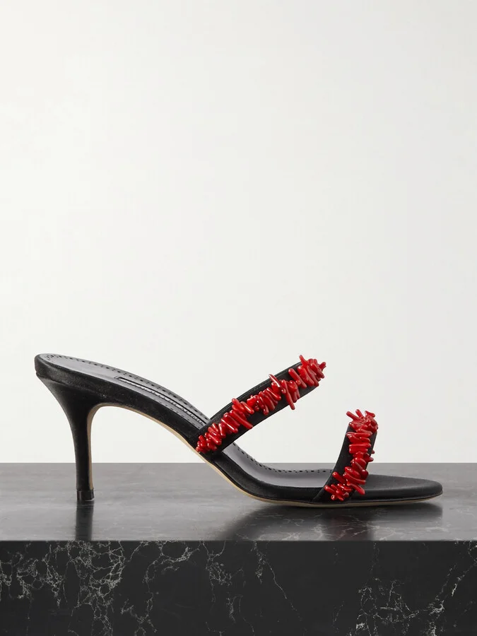 Manolo Blahnik - Clorettenu 70 Bead-embellished Satin Sandals - Black