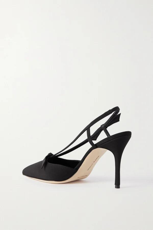 Manolo Blahnik - Corintia 90 Bow-embellished Crepe De Chine Slingback Pumps - Black - Image 3