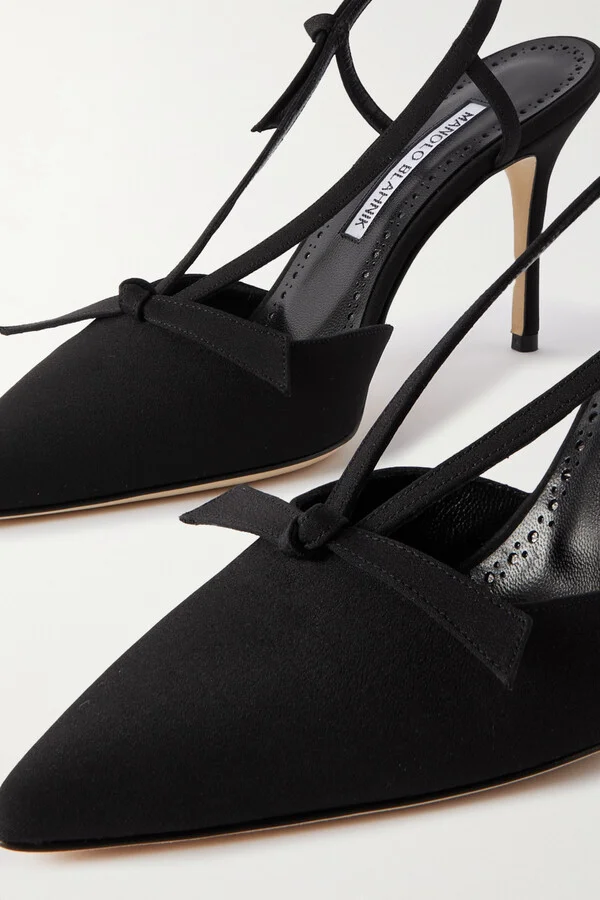 Manolo Blahnik - Corintia 90 Bow-embellished Crepe De Chine Slingback Pumps - Black - Image 4