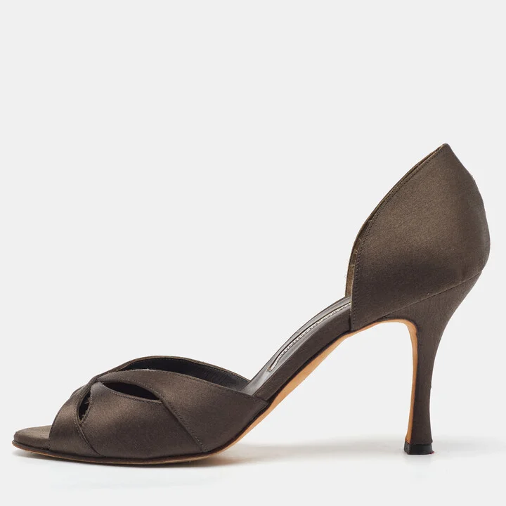 Manolo Blahnik Dark Brown Satin Open Toe D'orsay Pumps Size 37.5