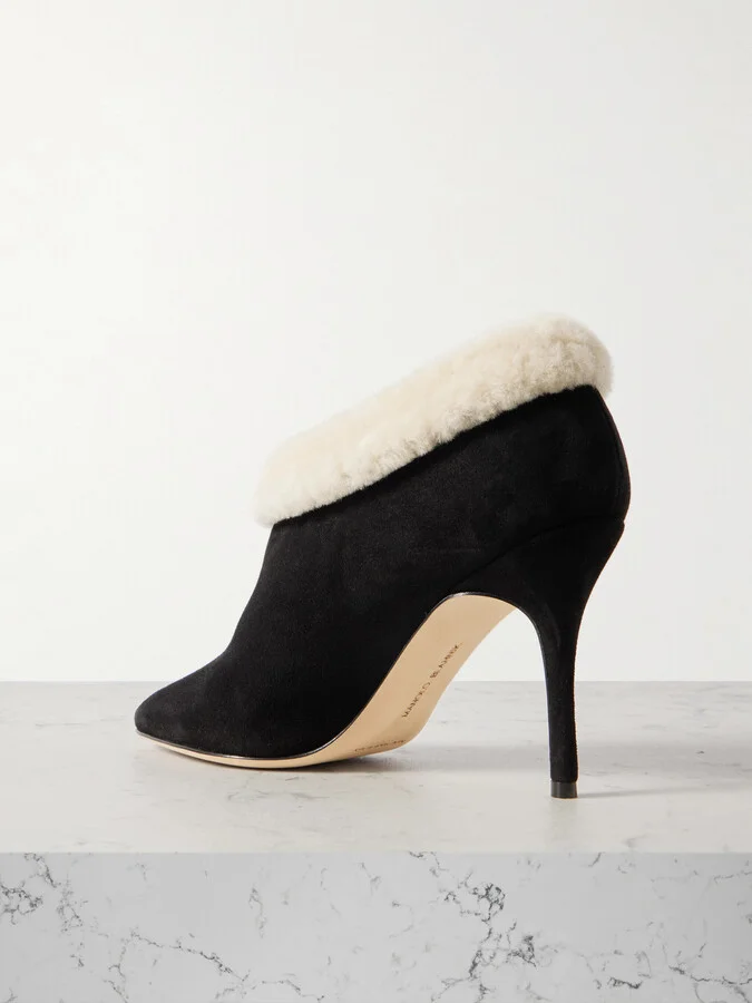 Manolo Blahnik - Escaria 90 Shearling-trimmed Suede Ankle Boots - Black - Image 3