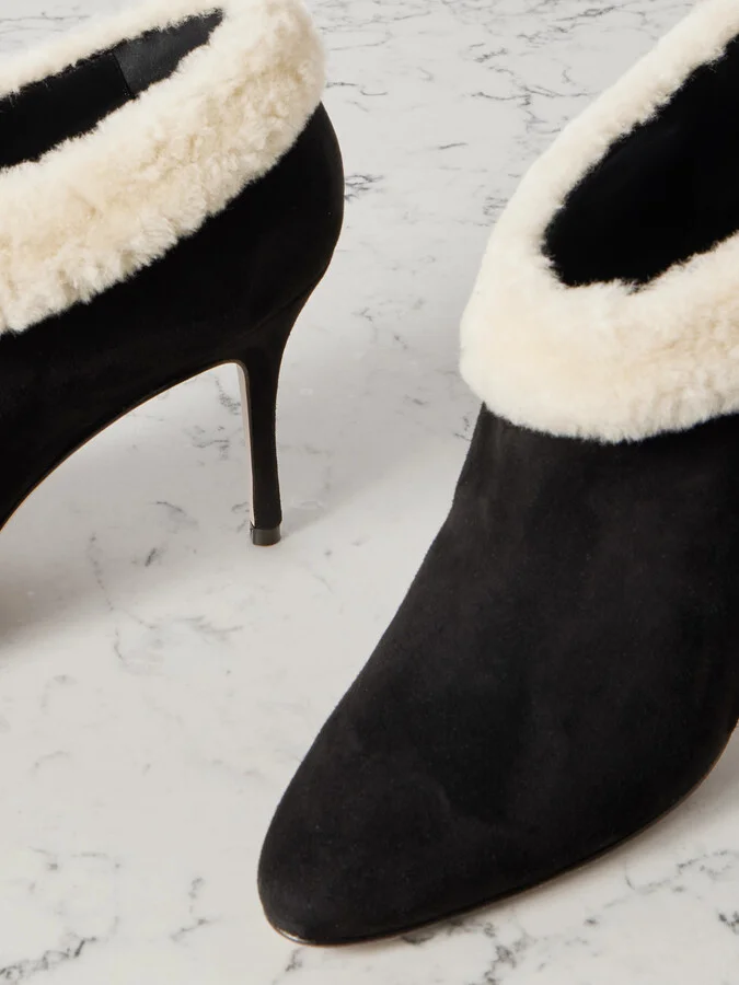 Manolo Blahnik - Escaria 90 Shearling-trimmed Suede Ankle Boots - Black - Image 4