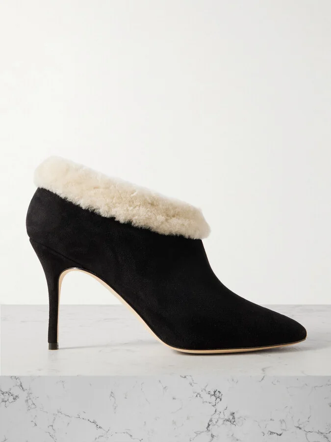 Manolo Blahnik - Escaria 90 Shearling-trimmed Suede Ankle Boots - Black