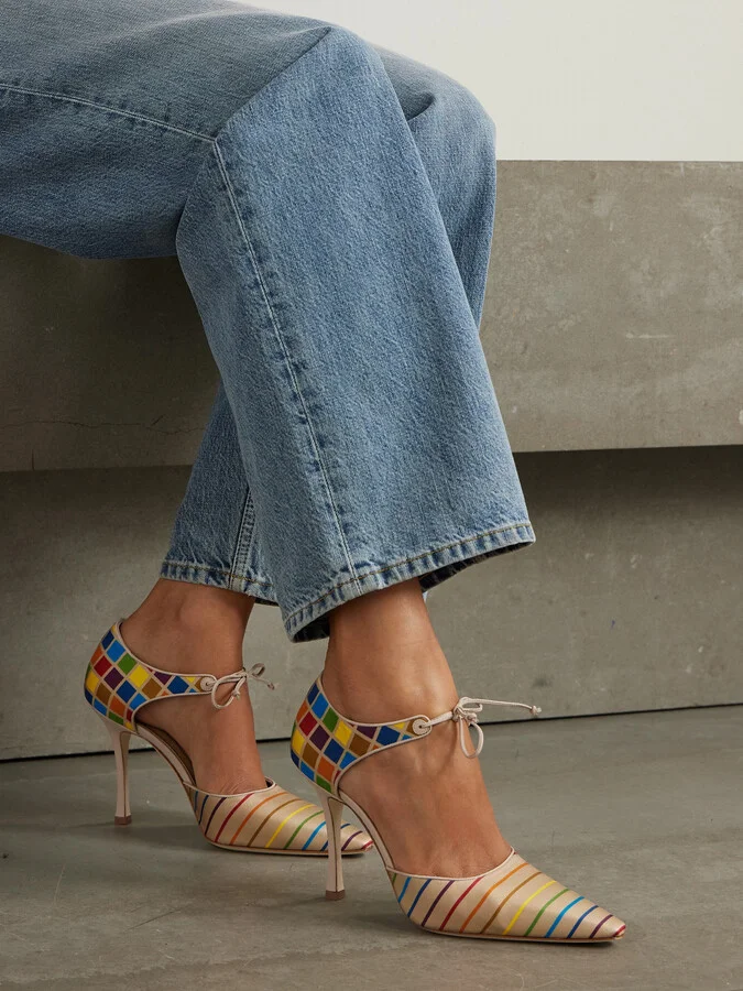 Manolo Blahnik - Estho 105 Leather-trimmed Printed Silk-twill Pumps - Multi - Image 2