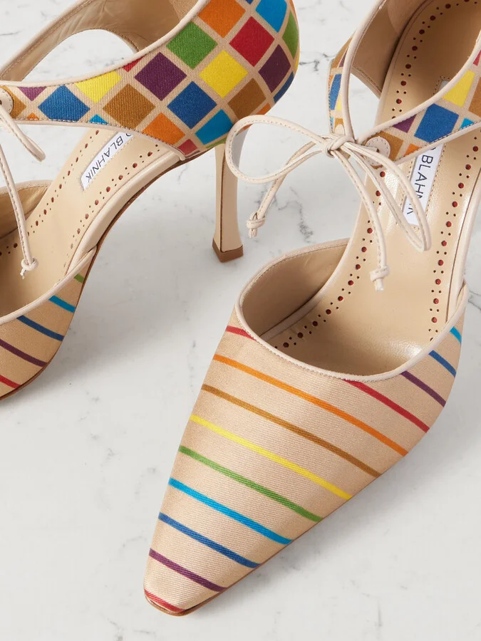 Manolo Blahnik - Estho 105 Leather-trimmed Printed Silk-twill Pumps - Multi - Image 4