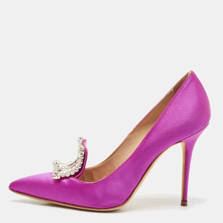 Manolo Blahnik Fuschia Satin Crystal Embellished Borlak Pumps Size 36