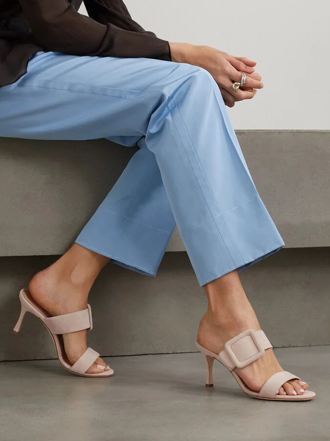 Manolo Blahnik - Gable 70 Buckled Suede Mules - Neutrals - Image 2